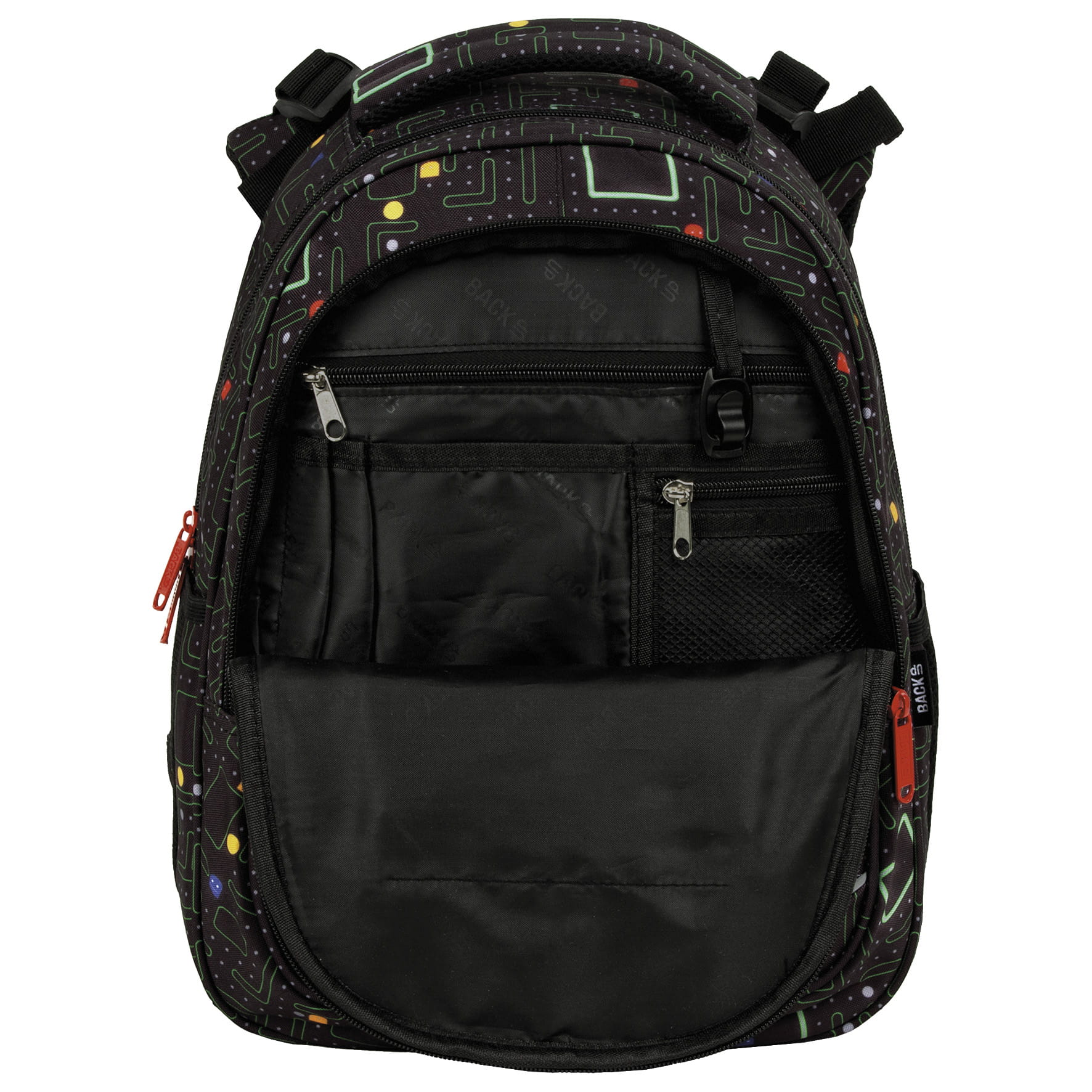 Ghiozdan scolar ergonomic, Zola, compartimente multiple, 39 x 27 x 20 cm, elemente reflectorizante, model Pac Man, negru Ghiozdan scolar ergonomic, Zola, compartimente multiple, 39 x 27 x 20 cm, elemente reflectorizante, model Pac Man, negru